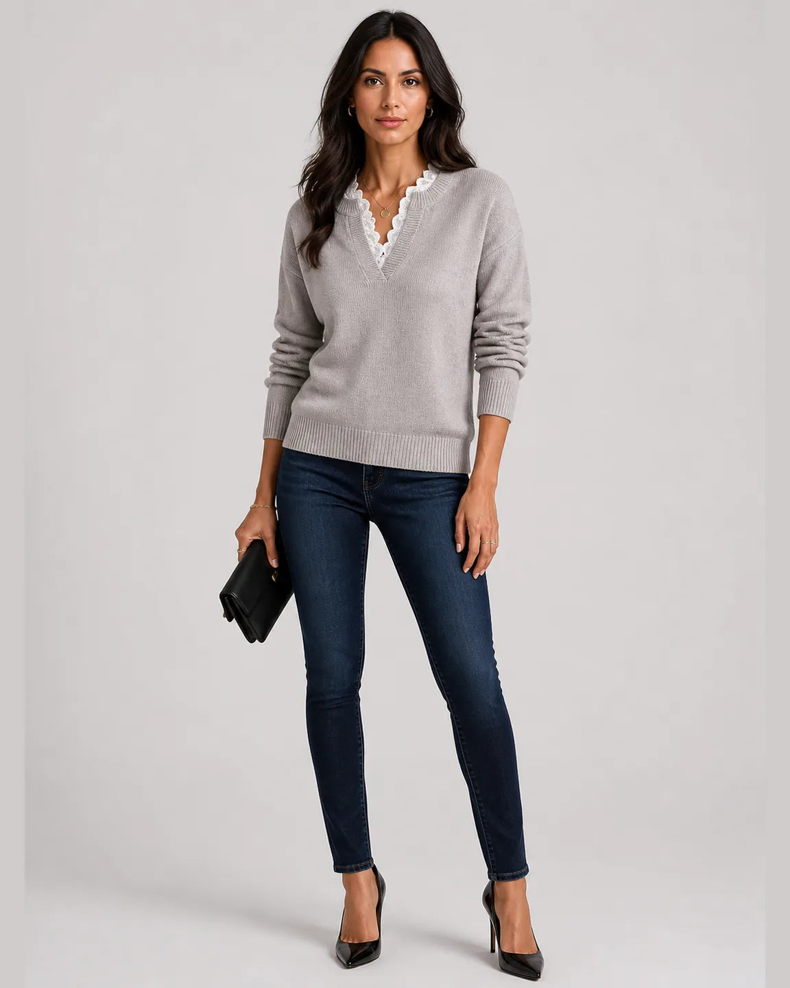 Gwen-Mae Elegant V-Neck Jumper in Gray — full-body studio view