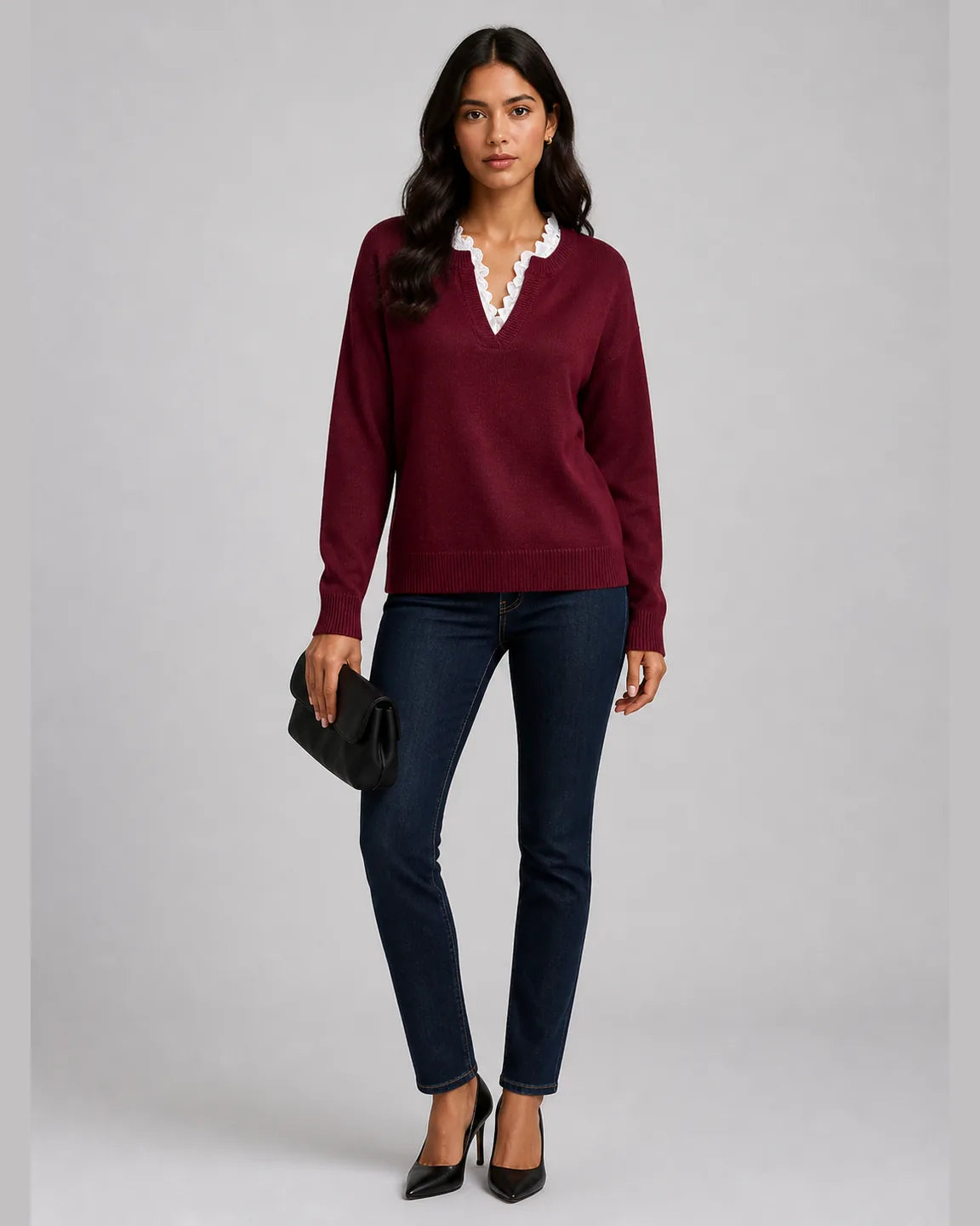 Gwen-Mae Elegant V-Neck Jumper in Red — full-body studio view