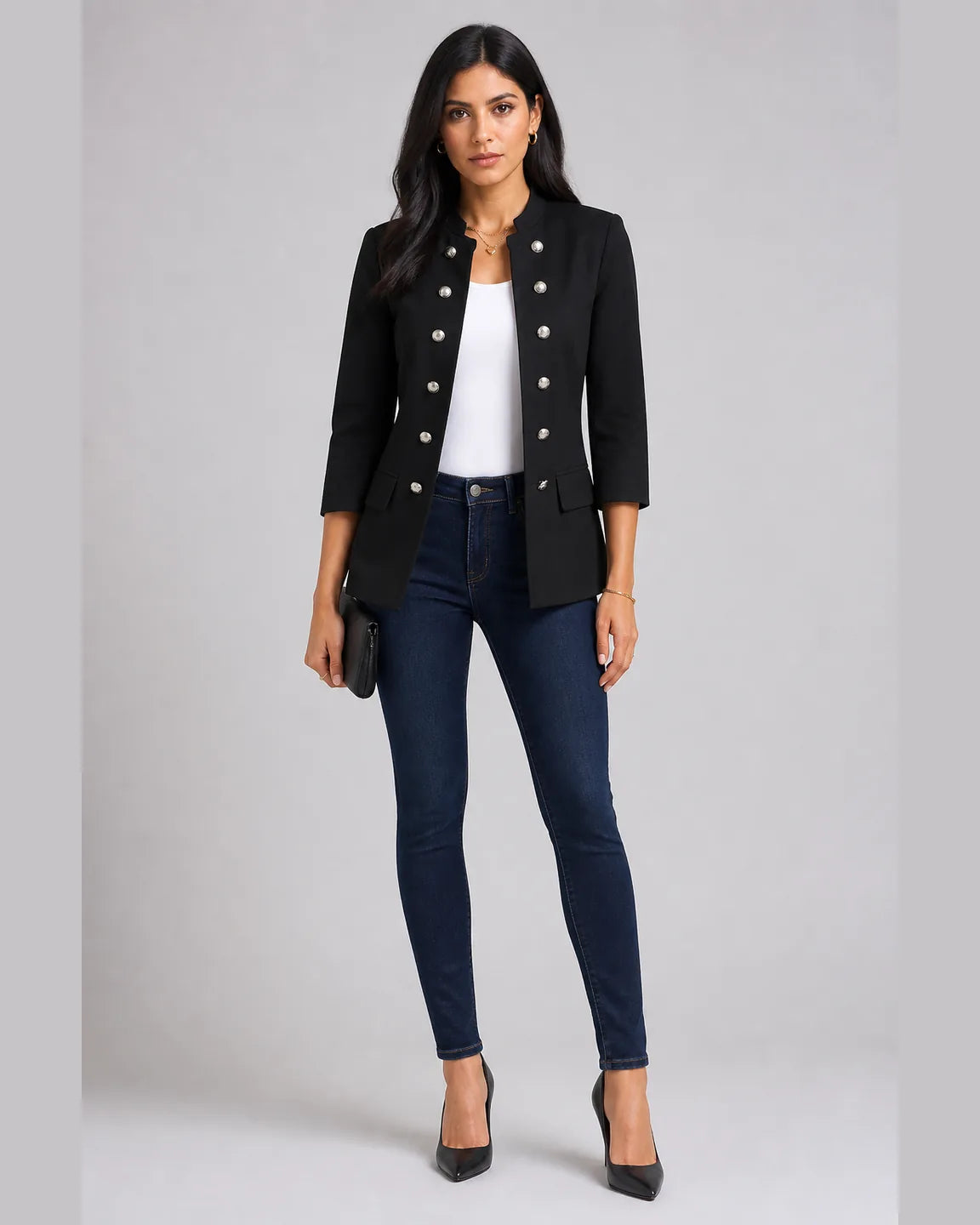 Gwen-Pearl Stylish Blazer in Black — full-body studio view