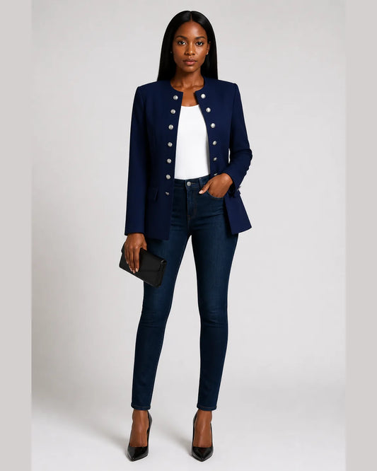 Gwen-Pearl Stylish Blazer in Navy Blue — full-body studio view