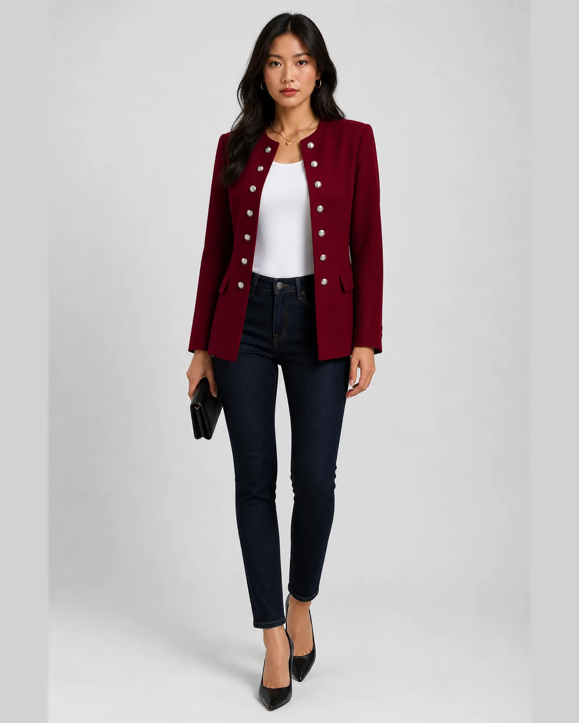 Gwen-Pearl Stylish Blazer in Red — full-body studio view