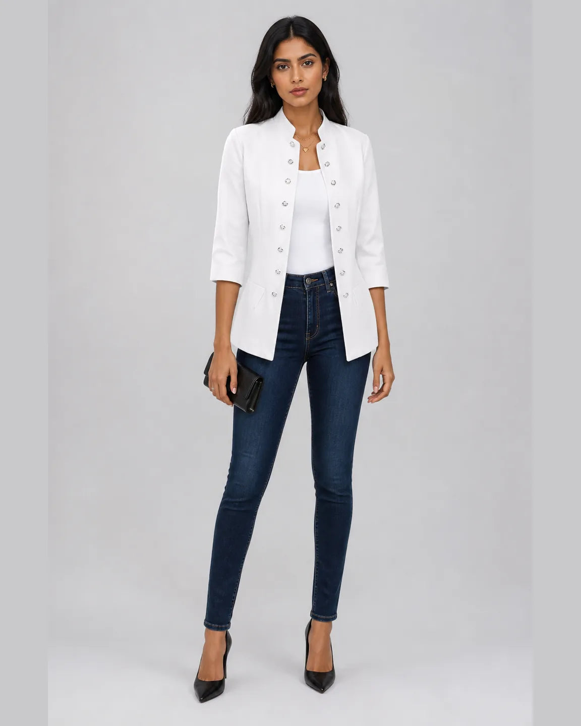 Gwen-Pearl Stylish Blazer in White — full-body studio view
