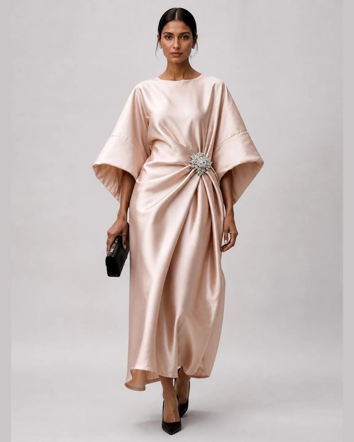 Gwen-Rose Elegant Long Satin Dress in Beige — full-body studio view