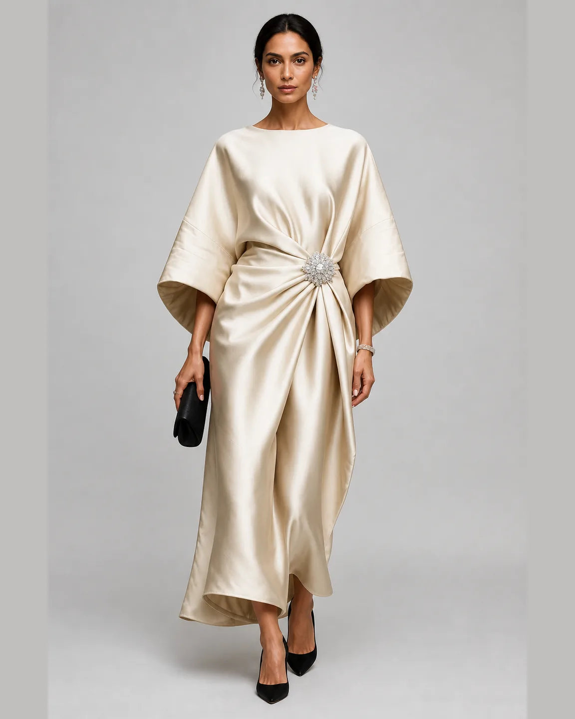 Gwen-Rose Elegant Long Satin Dress in Khaki — full-body studio view