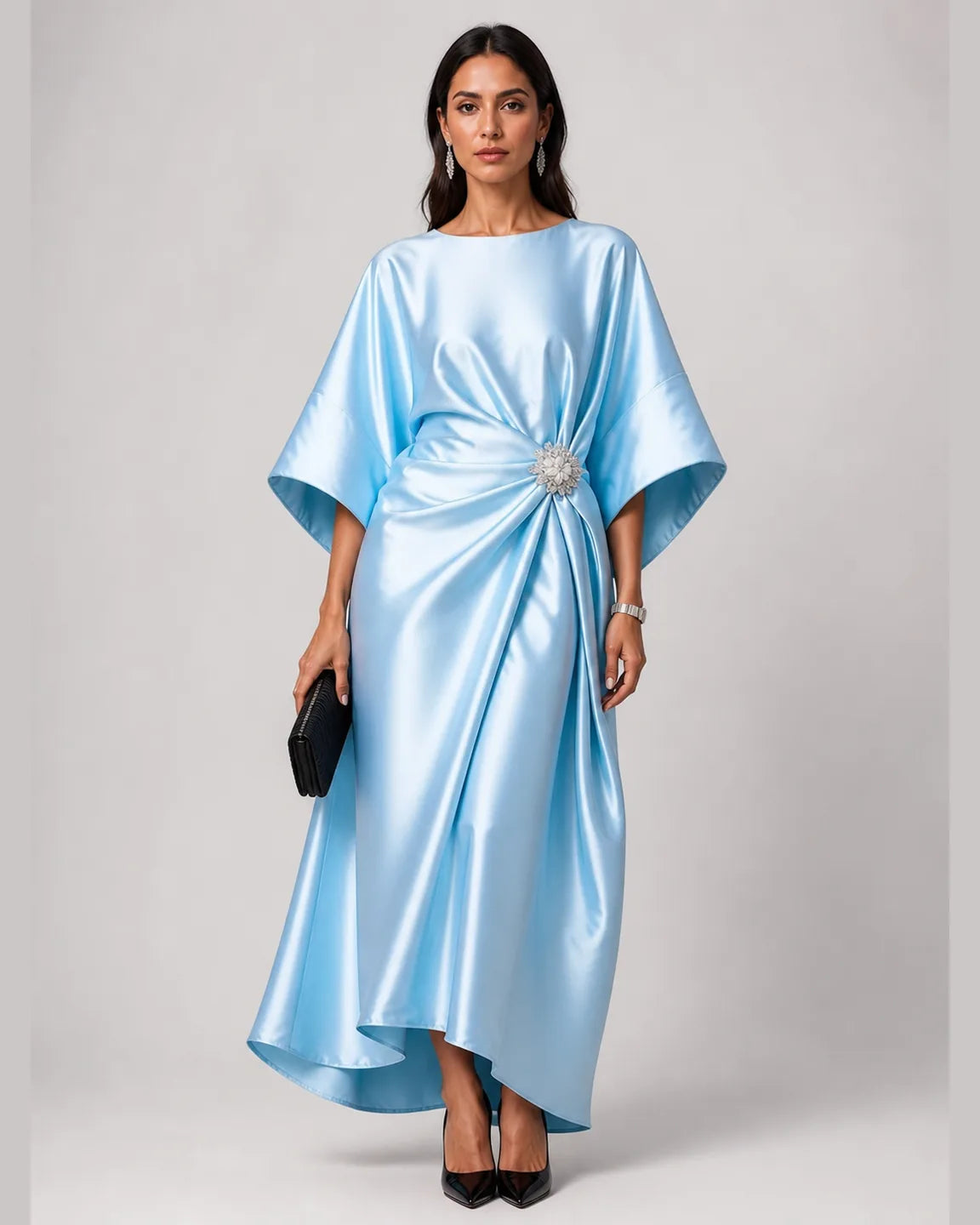 Gwen-Rose Elegant Long Satin Dress in Light Blue — full-body studio view
