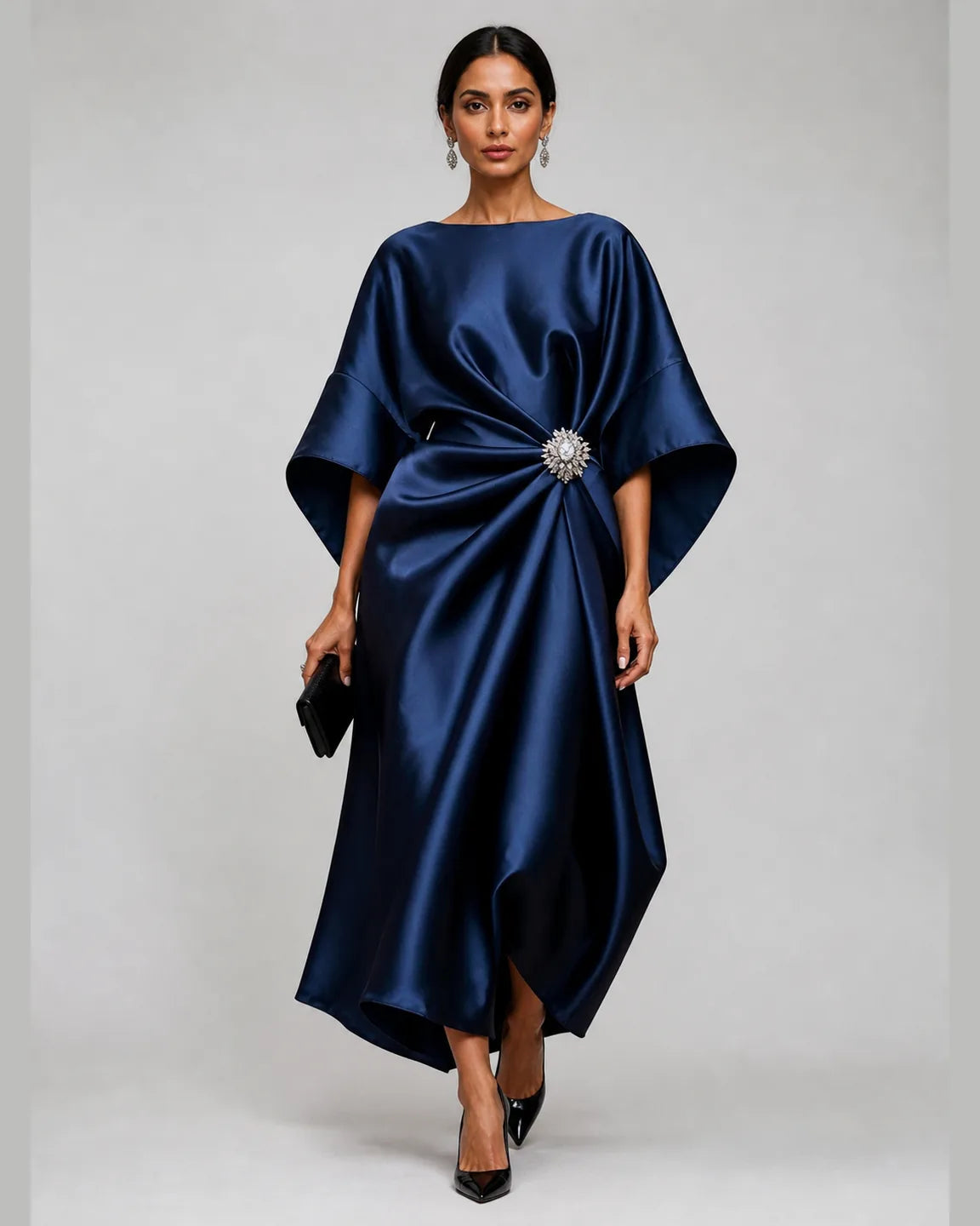 Gwen-Rose Elegant Long Satin Dress in Navy Blue — full-body studio view
