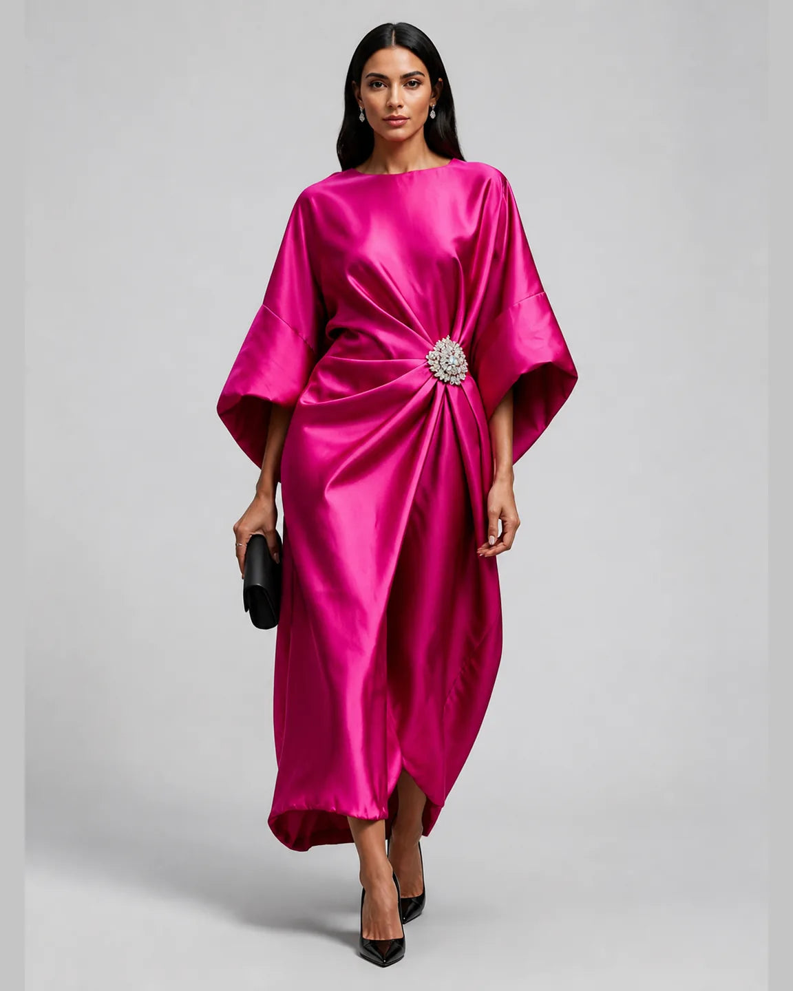 Gwen-Rose Elegant Long Satin Dress in Pink — full-body studio view