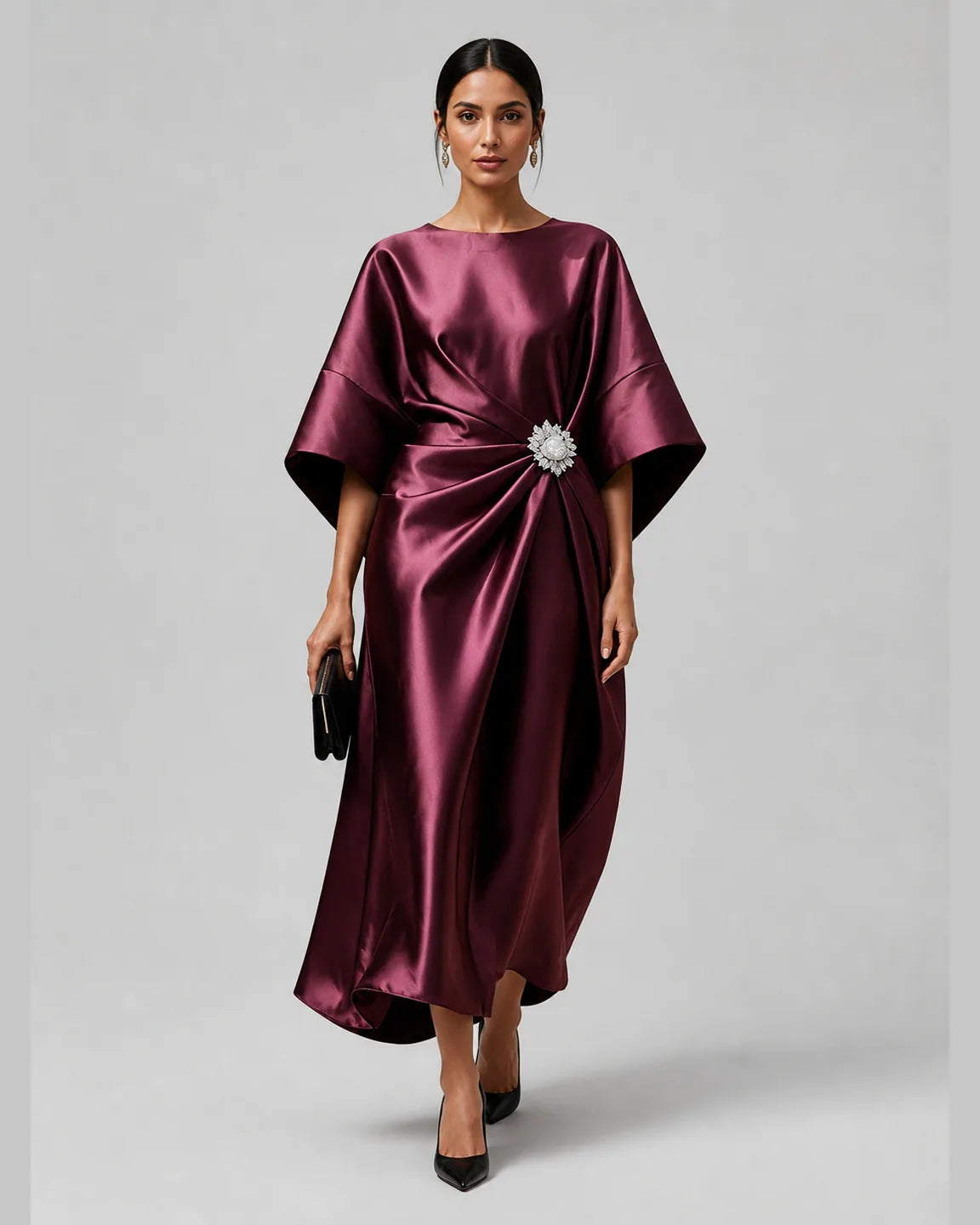 Gwen-Rose Elegant Long Satin Dress in Red — full-body studio view