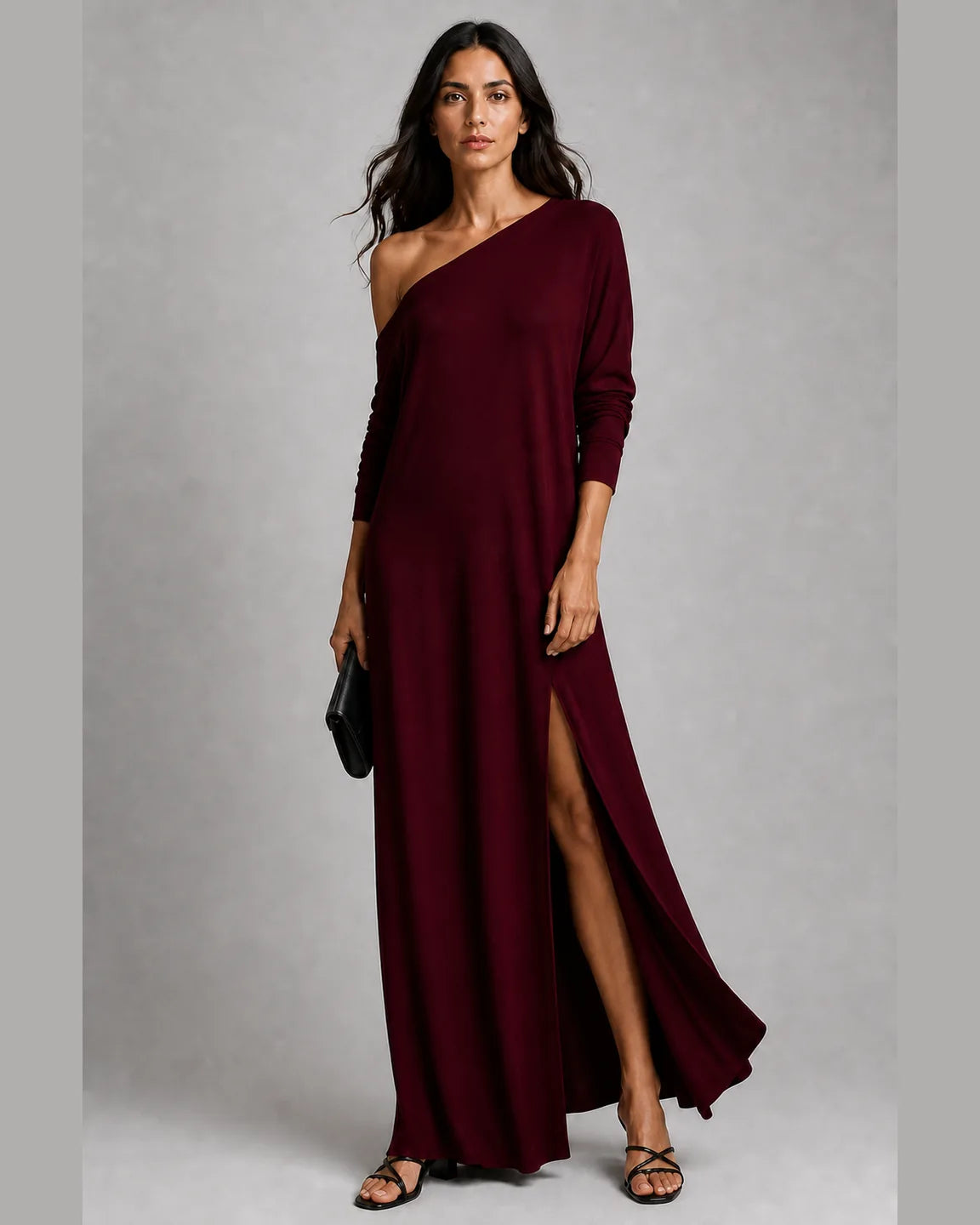 Hope-Faye Elegant Dress in Burgundy — full-body studio view