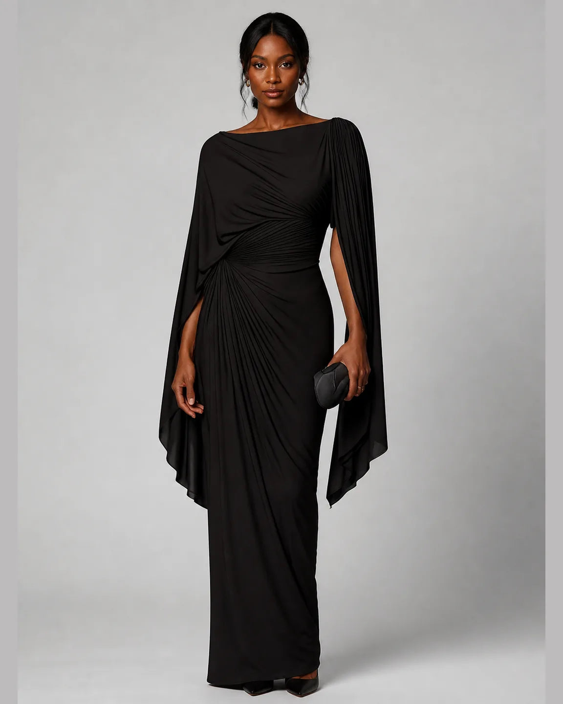 Hope-Grace Pleated Drape Maxi Dress in Black — full-body studio view