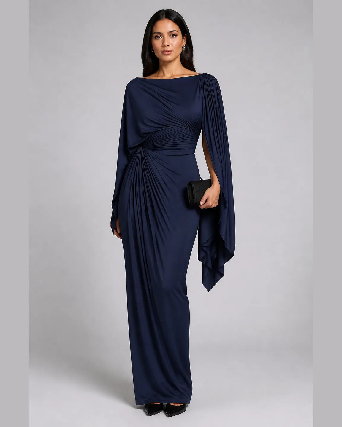 Hope-Grace Pleated Drape Maxi Dress in Dark Blue — full-body studio view