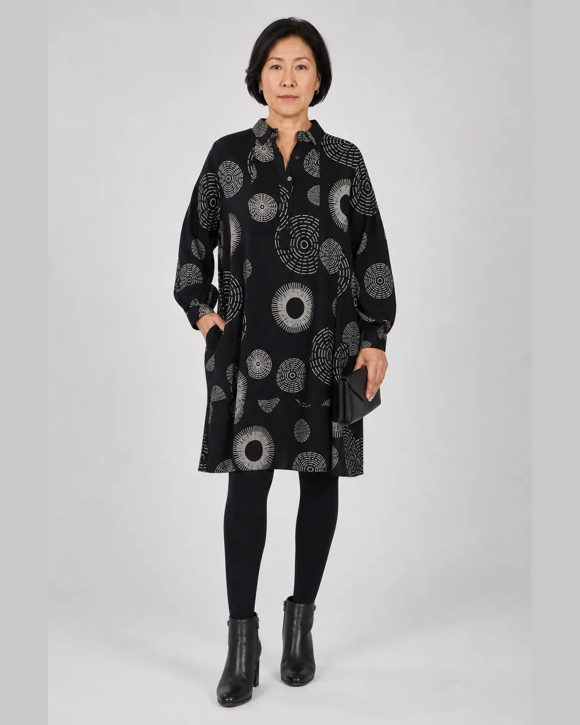 Hope-Jane Casual Lapel Dress with Geometric Print in Black — full-body studio view