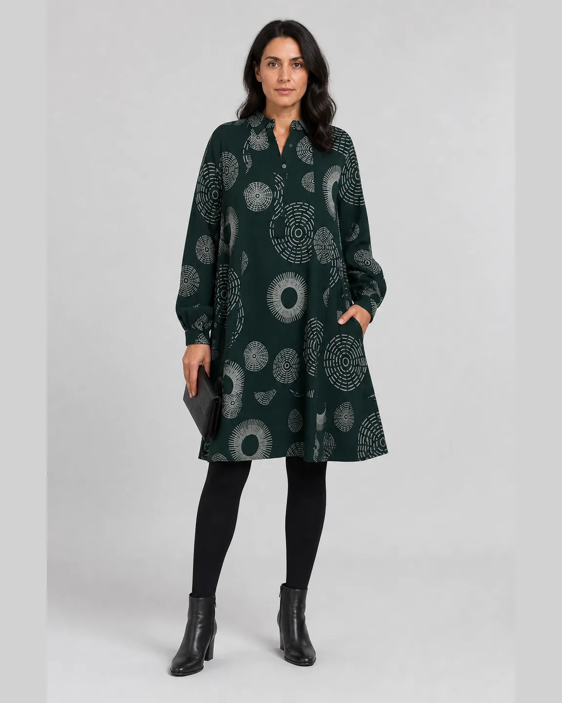 Hope-Jane Casual Lapel Dress with Geometric Print in Green — full-body studio view