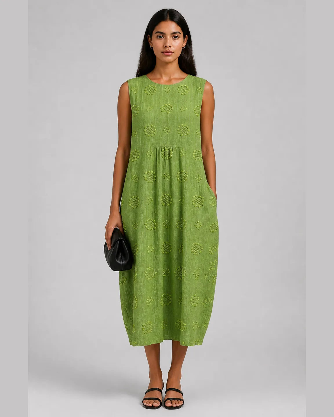 Hope-June Breathable Summer Dress in Green — full-body studio view