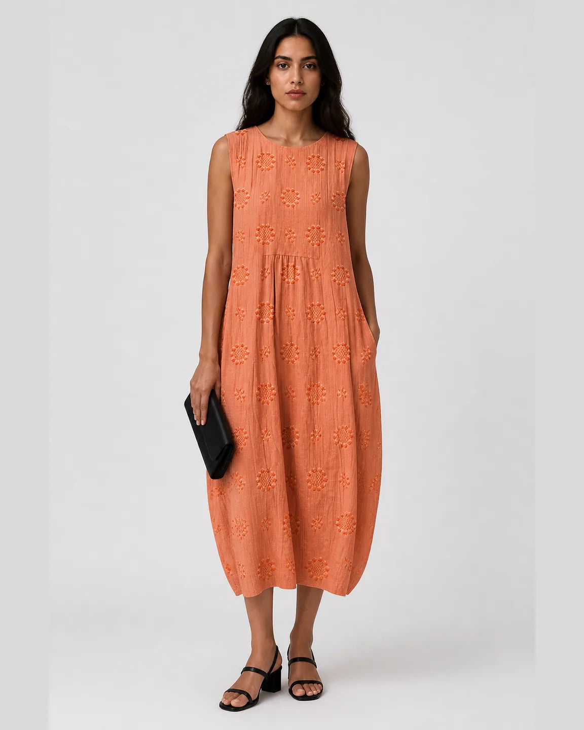 Hope-June Breathable Summer Dress in Orange — full-body studio view