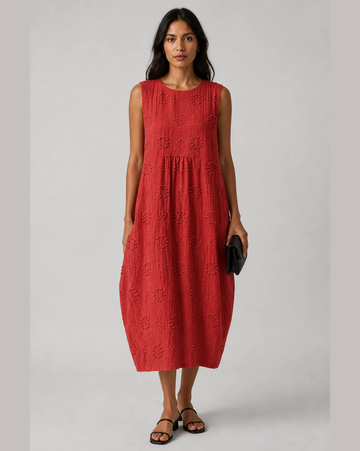 Hope-June Breathable Summer Dress in Red — full-body studio view