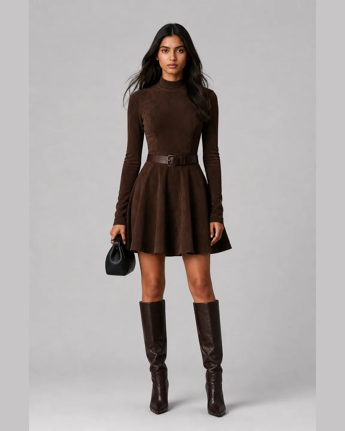 Hope-Mae Suede Mini Dress + FREE BELT — full-body studio view