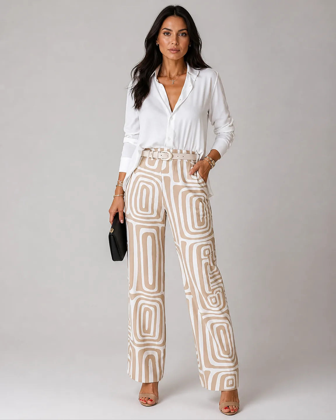 Hope-Pearl Elegant Two-Piece Set in Khaki — full-body studio view