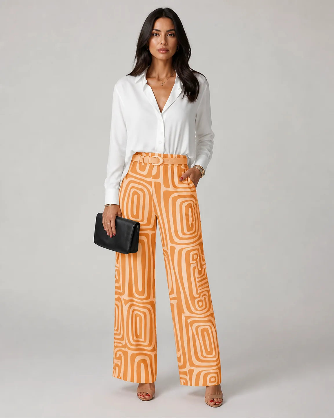 Hope-Pearl Elegant Two-Piece Set in Orange — full-body studio view