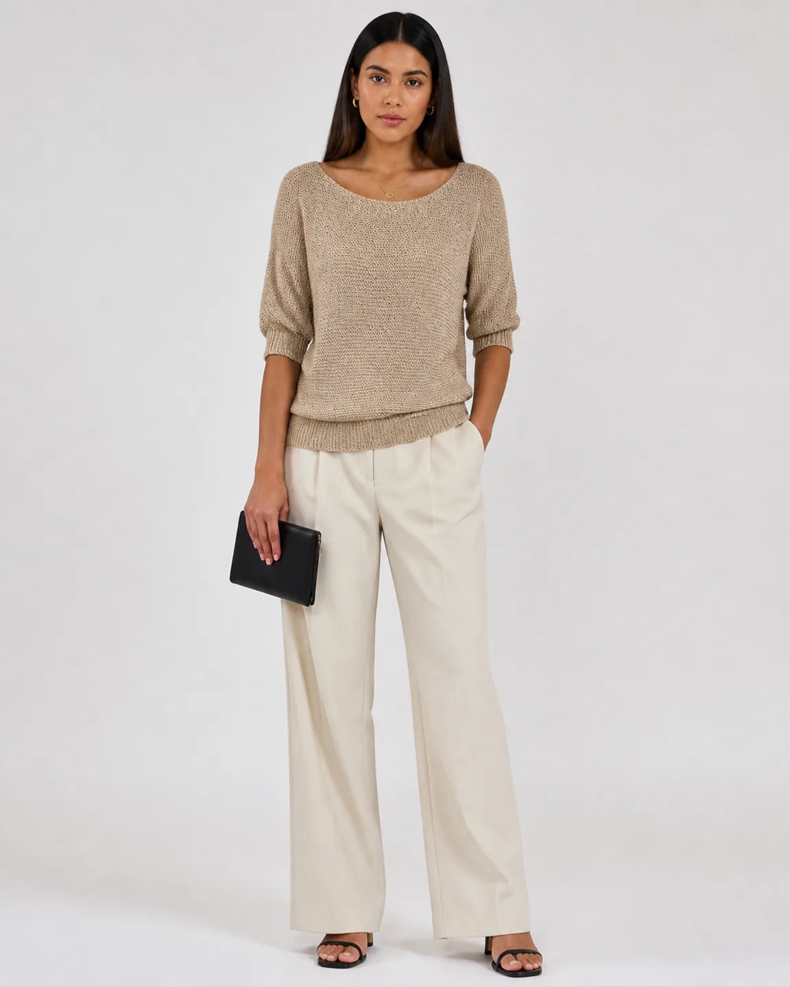 Hope-Rose Elegant Knitted Sweater in Beige — full-body studio view