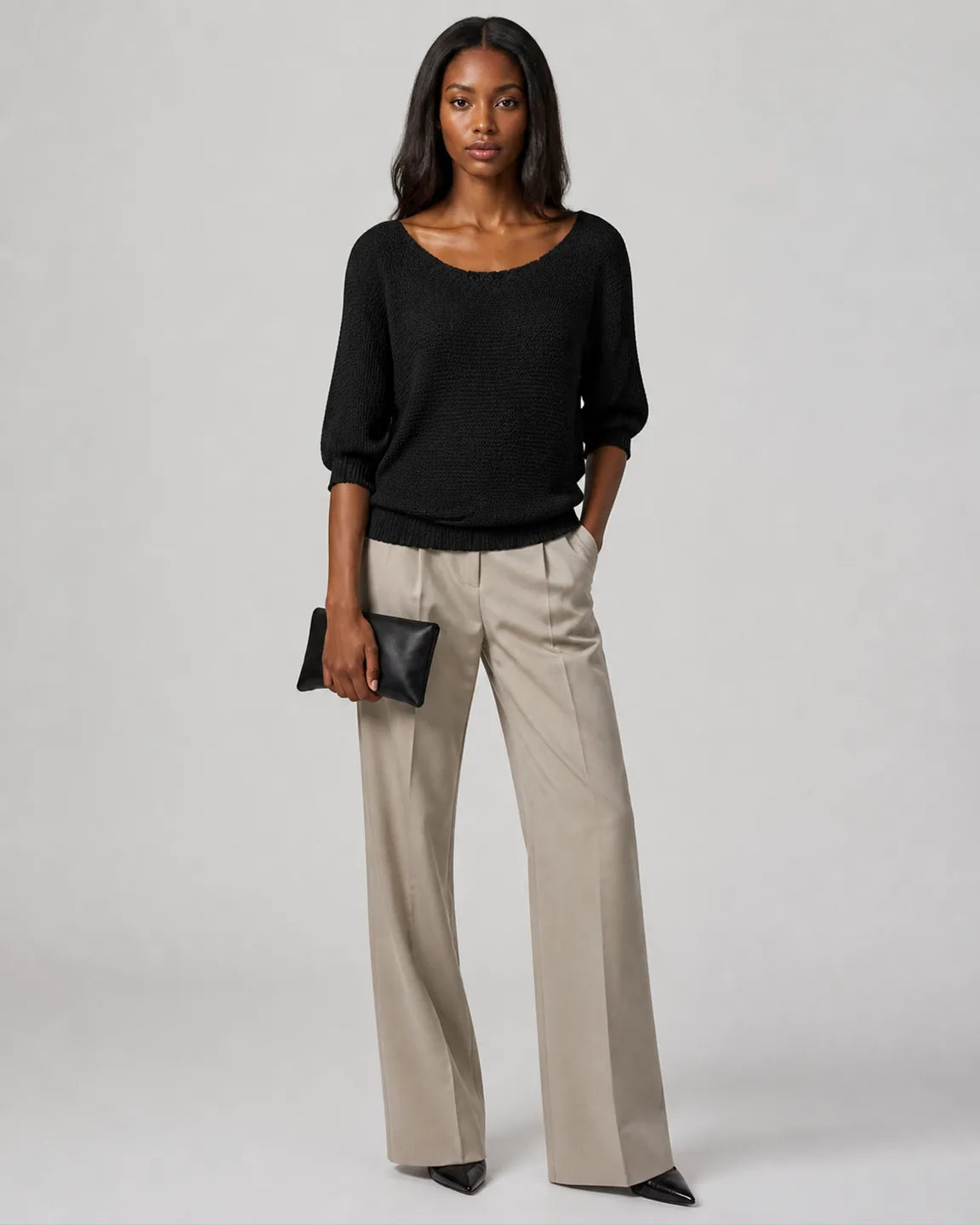 Hope-Rose Elegant Knitted Sweater in Black — full-body studio view