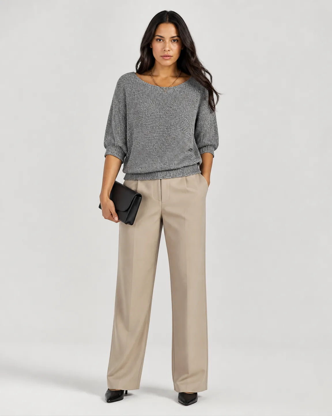 Hope-Rose Elegant Knitted Sweater in Gray — full-body studio view