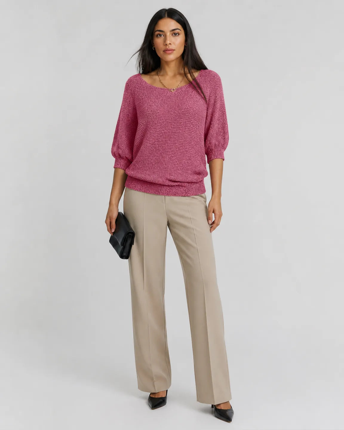 Hope-Rose Elegant Knitted Sweater in Pink — full-body studio view