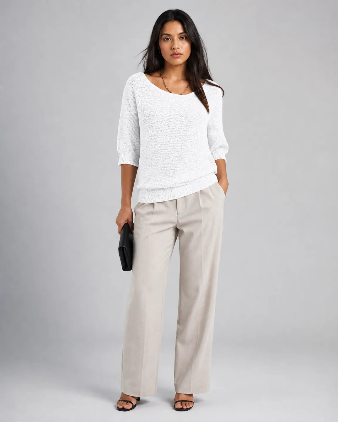 Hope-Rose Elegant Knitted Sweater in White — full-body studio view