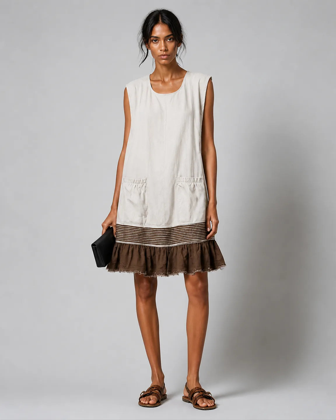 Iris-Belle Ruffle Hem Tunic Dress in Beige — full-body studio view