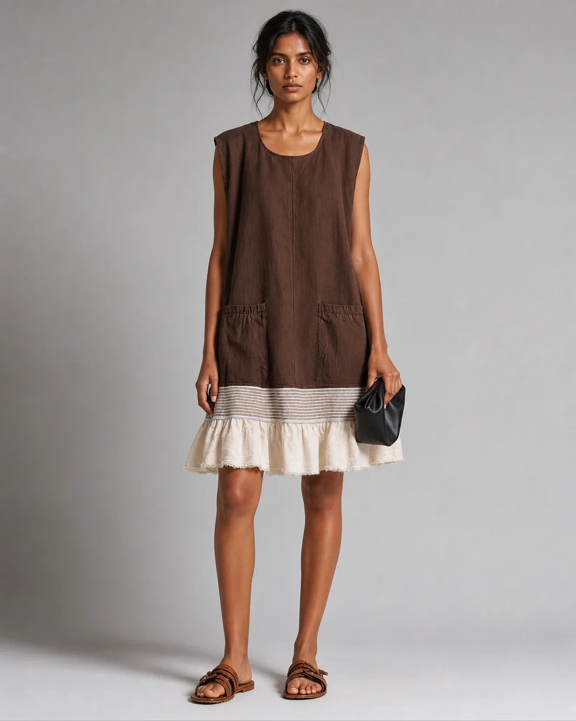Iris-Belle Ruffle Hem Tunic Dress in Brown — full-body studio view