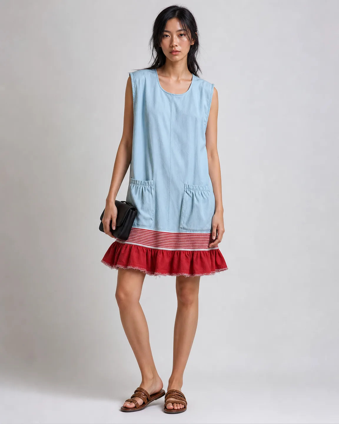 Iris-Belle Ruffle Hem Tunic Dress in Light Blue — full-body studio view