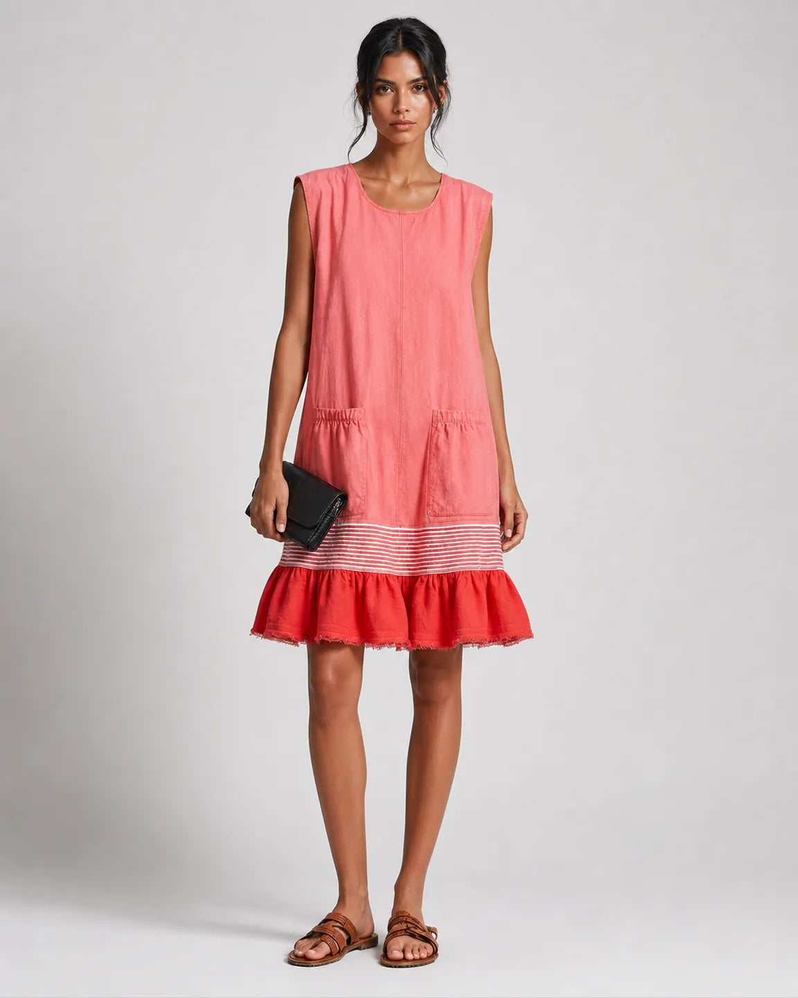 Iris-Belle Ruffle Hem Tunic Dress in Pink — full-body studio view