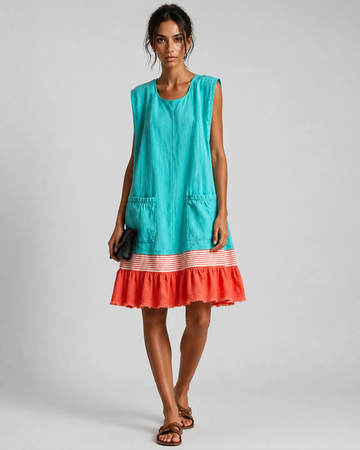 Iris-Belle Ruffle Hem Tunic Dress in Teal — full-body studio view