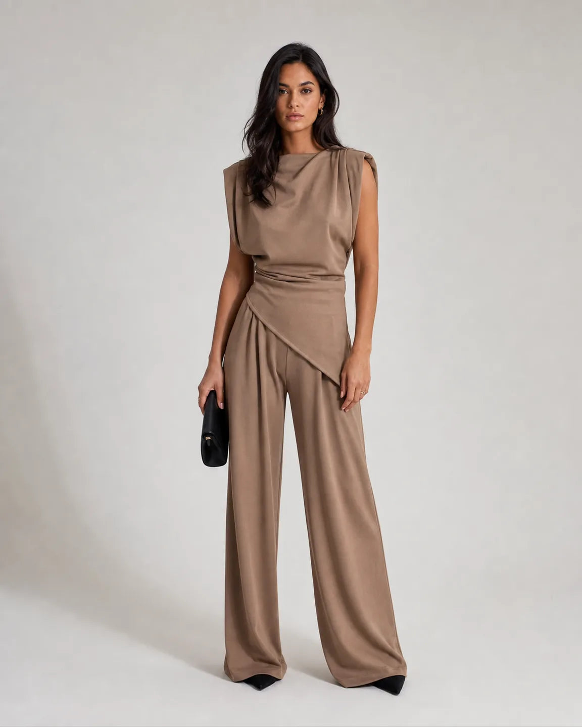 Iris-Faye Elegant Two-Piece Set in Brown — full-body studio view
