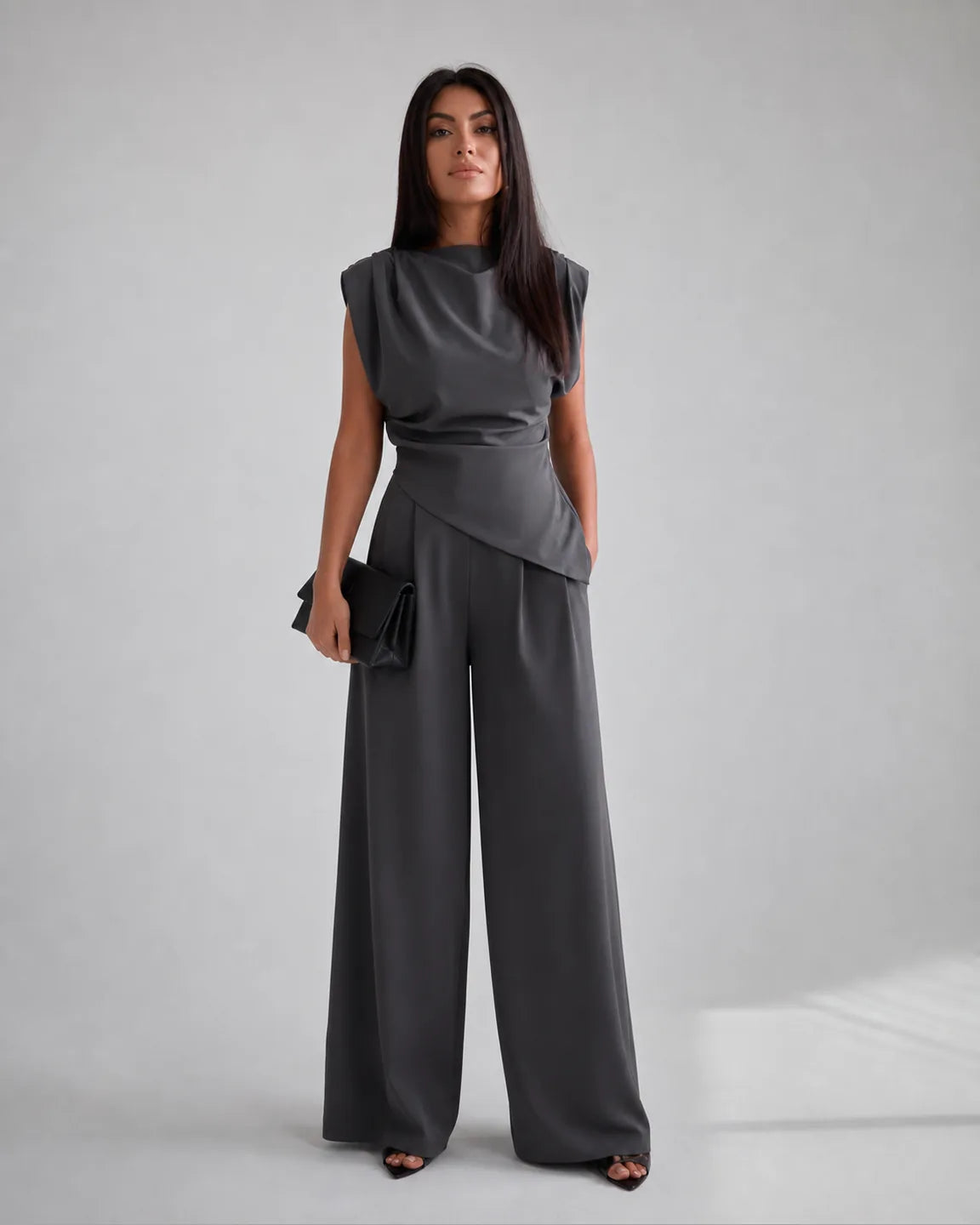 Iris-Faye Elegant Two-Piece Set in Dark Gray — full-body studio view