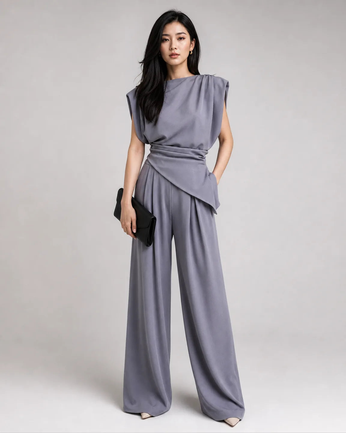 Iris-Faye Elegant Two-Piece Set in Gray — full-body studio view