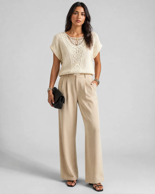 Iris-Jane Chic Lace Top in Beige — full-body studio view