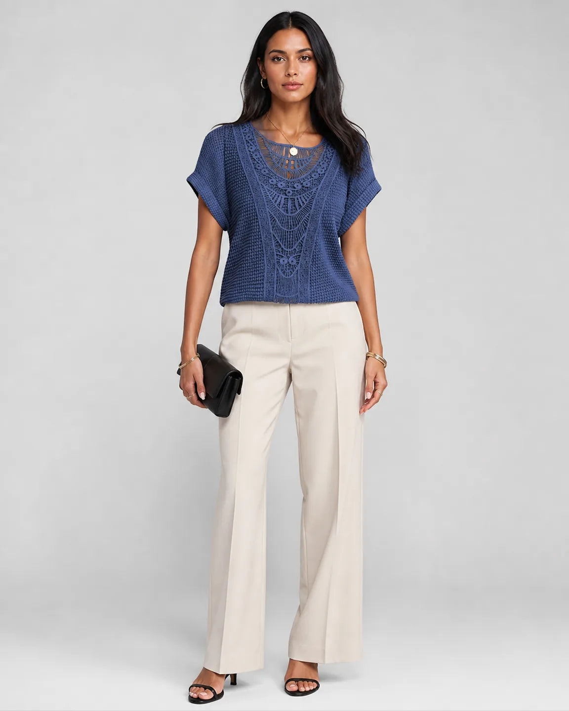 Iris-Jane Chic Lace Top in Dark Blue — full-body studio view