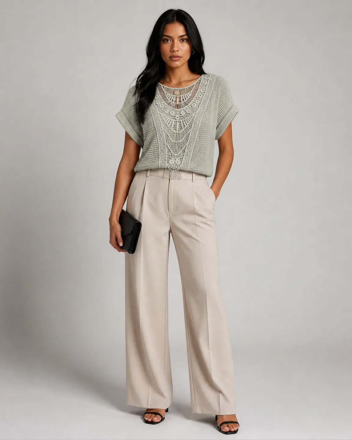 Iris-Jane Chic Lace Top in Green — full-body studio view