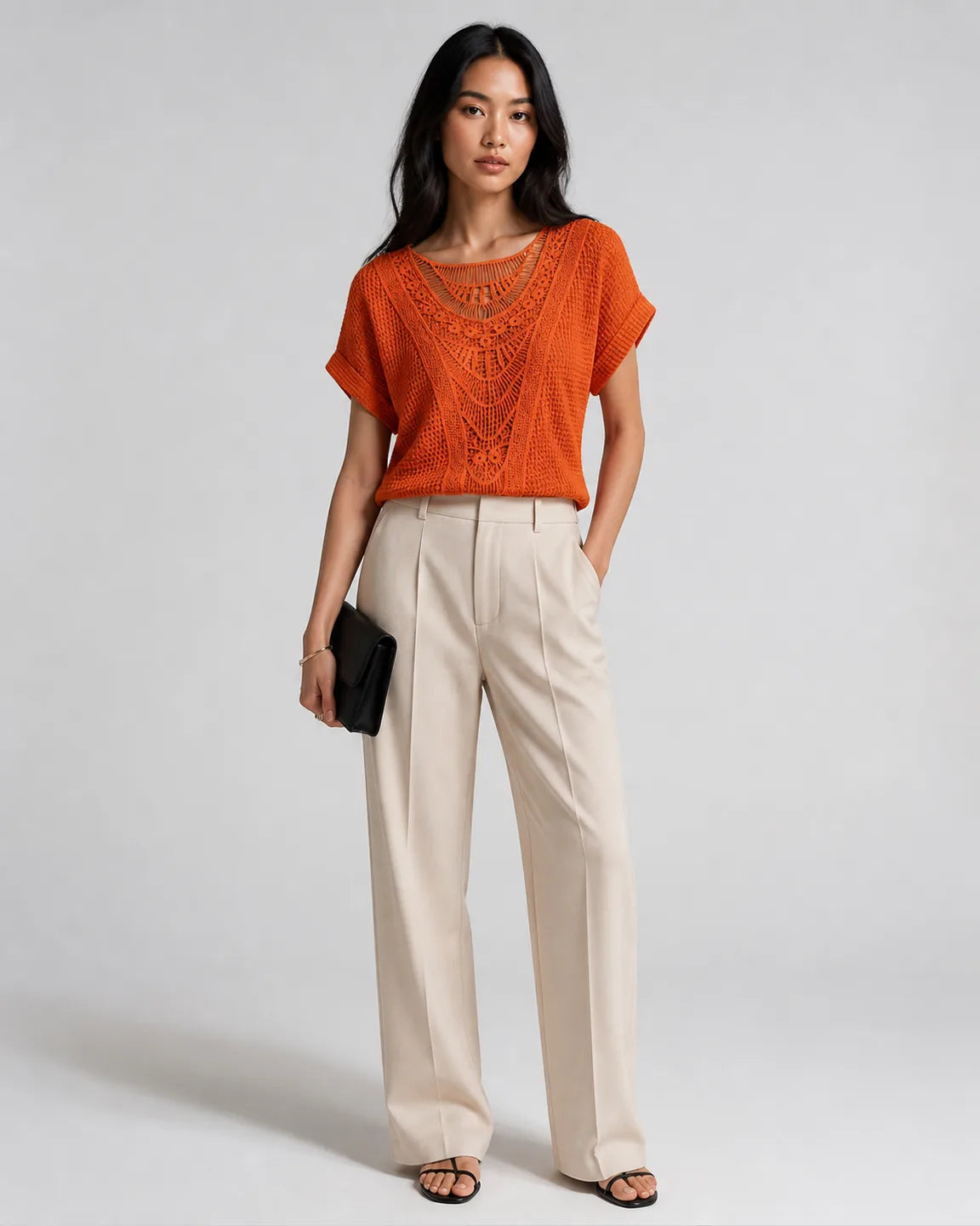 Iris-Jane Chic Lace Top in Orange — full-body studio view