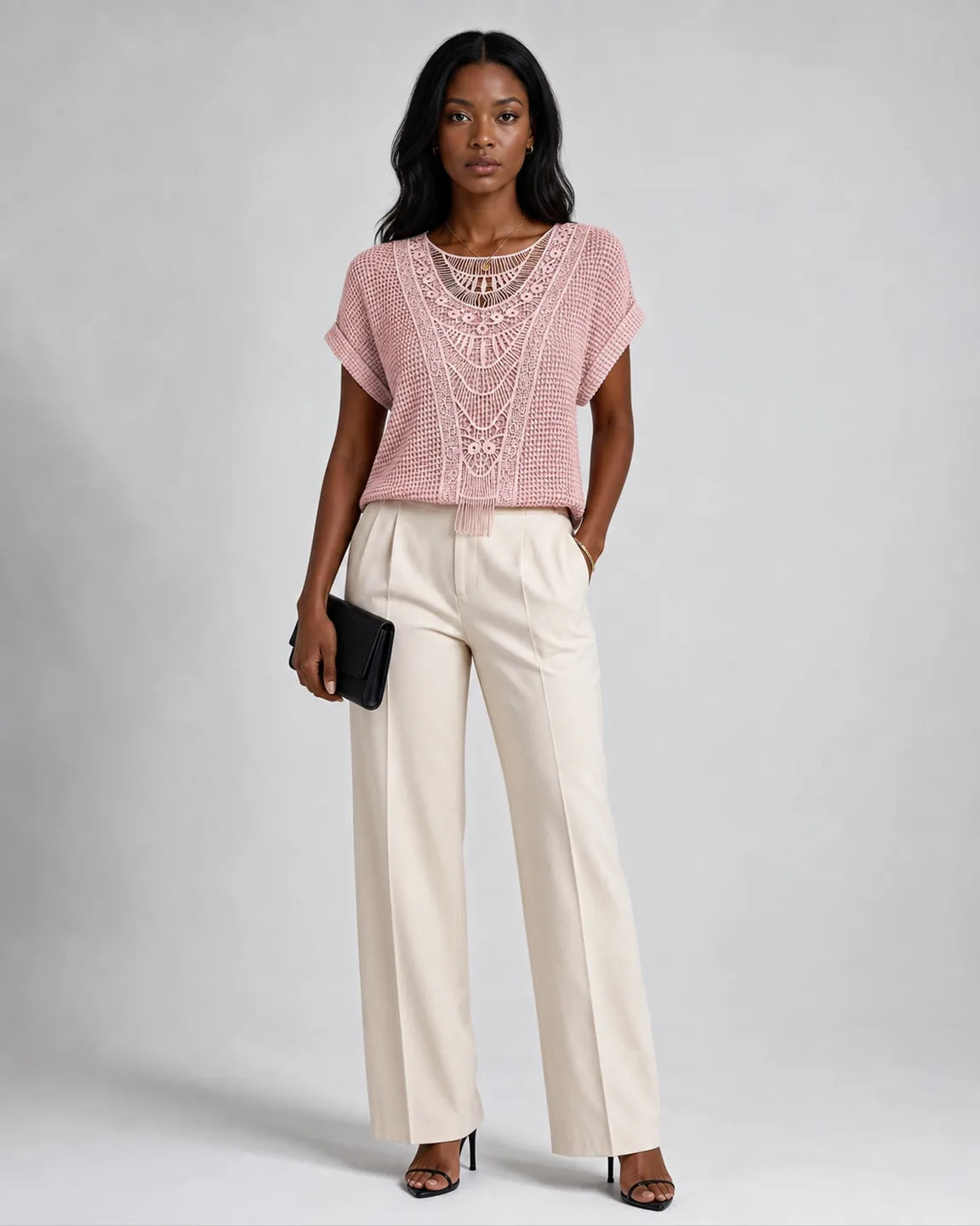 Iris-Jane Chic Lace Top in Pink — full-body studio view