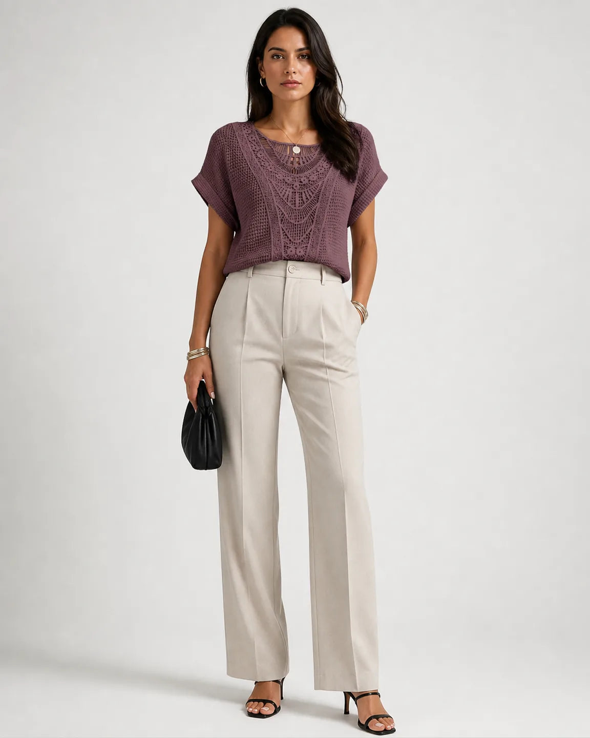 Iris-Jane Chic Lace Top in Plum — full-body studio view