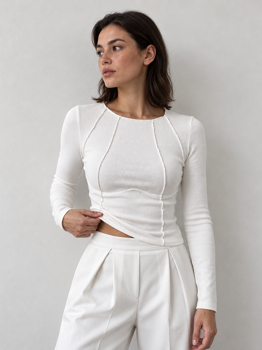 Langarmshirt mit Paspeln – Wollweiß – Vorderansicht
