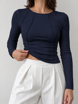 Langarmshirt mit Paspeln – Marineblau – Vorderansicht