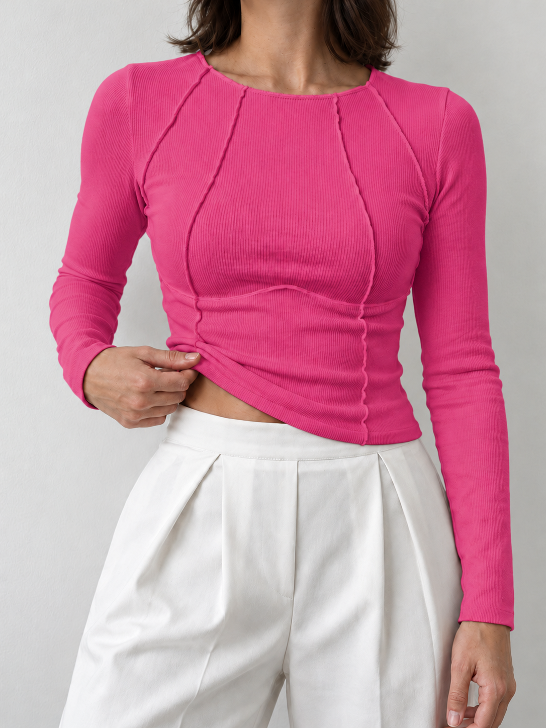 Langarmshirt mit Paspeln – Rosa – Vorderansicht