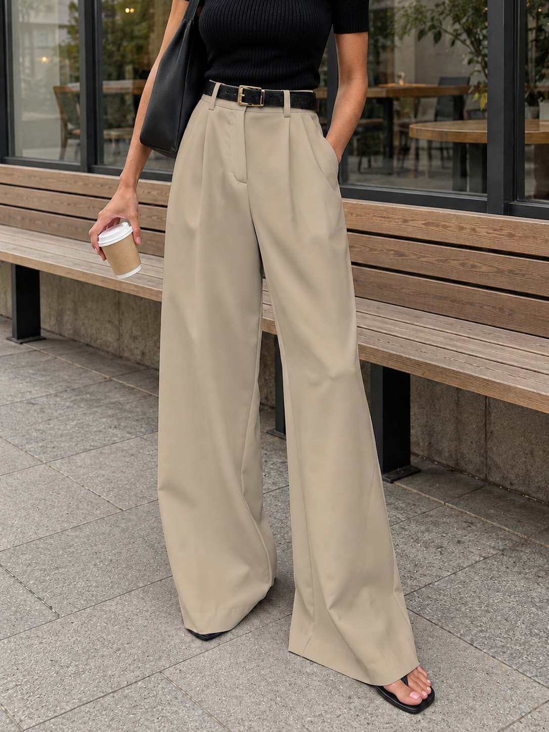 Weite Stoffhose ohne Gürtel – Khaki, Ansicht 11