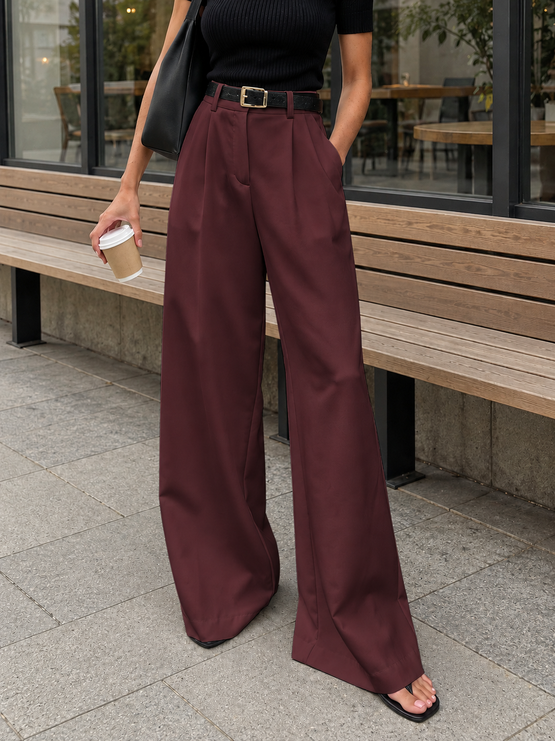 Weite Stoffhose ohne Gürtel – Bordeaux, Ansicht 12