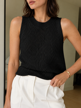Ärmelloses Stricktop mit Lochmuster – Schwarz, Ansicht 4
