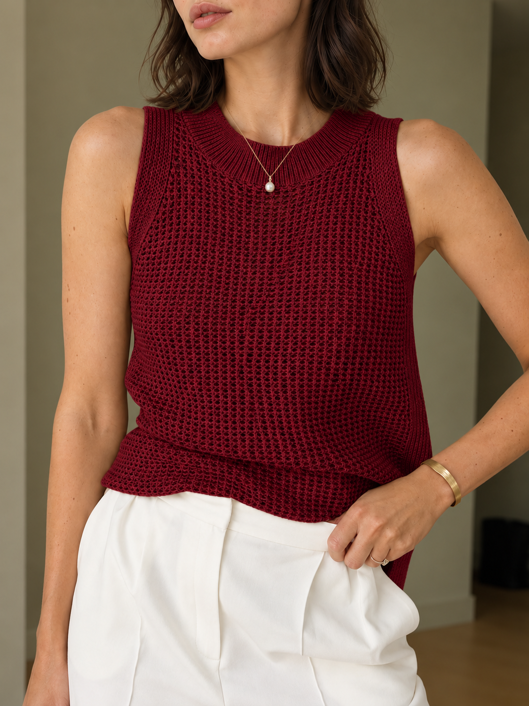 Ärmelloses Stricktop mit Lochmuster – Bordeaux, Ansicht 11