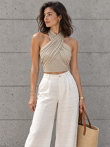 Figurbetontes Neckholder-Top aus Baumwoll-Leinen-Mix – Khaki, Ansicht 2